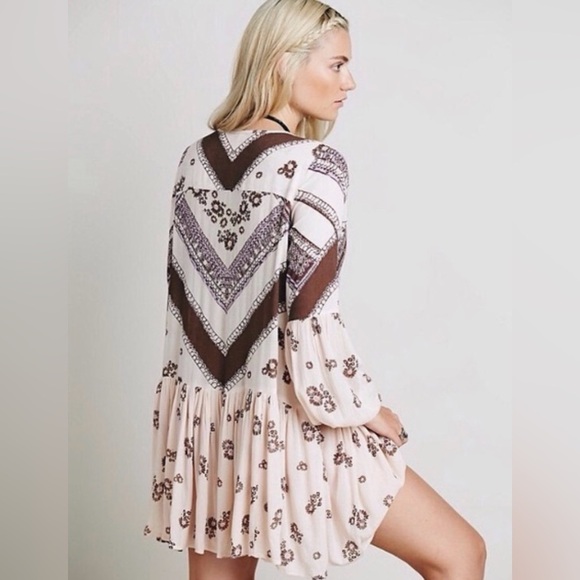 FREE PEOPLE From Your Heart Mini Dress Boho Long Sleeve Flowy Bohemian - Picture 2 of 15